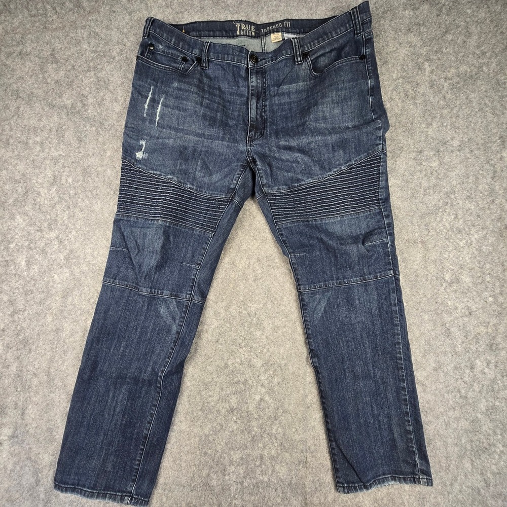 True Nation Jeans Mens 46x32 Blue Tapered Fit Moto Ribbed Distressed Denim